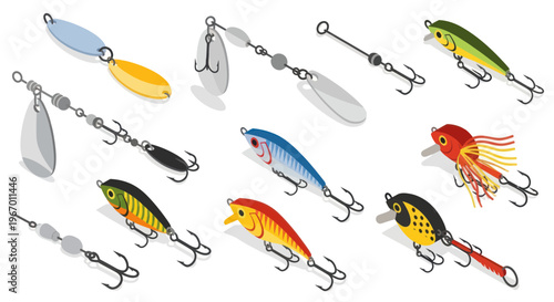 Collection of colorful fishing lures with hooks, isolated on white background