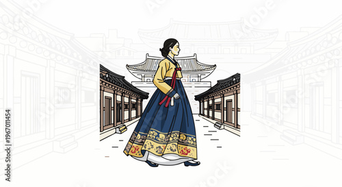 Woman in traditional clothing walks past historic buildings