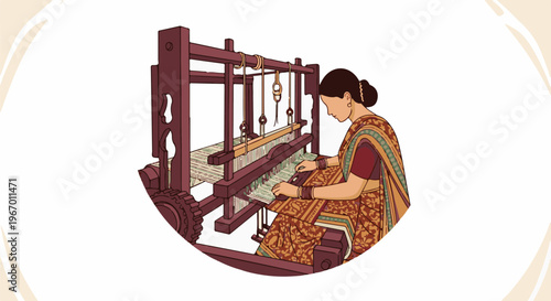 Woman weaving fabric on a traditional loom with intricate patterns