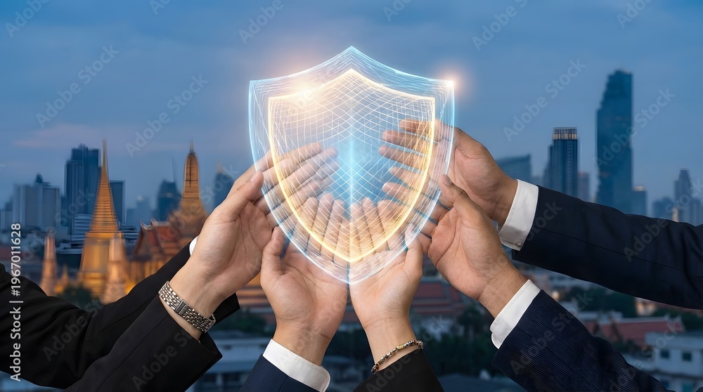 Obraz premium Diverse hands collaborate to uphold a glowing digital shield symbolizing collective security and protection in a modern city