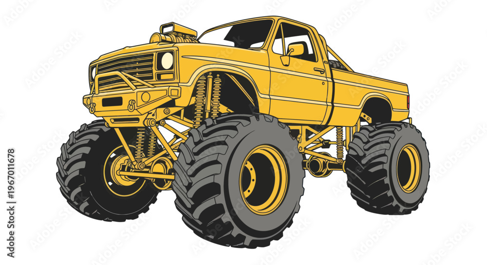 Obraz premium Yellow monster truck with huge tires, lifted suspension, off-road vehicle illustration