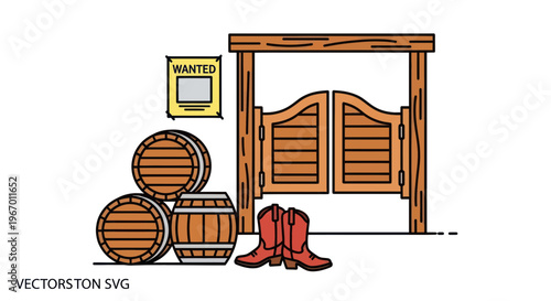 Wild West Saloon Entrance with Barrels, Boots, and Wanted Poster