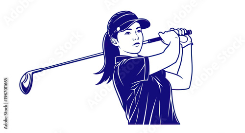 Woman Golfer Swinging Club, Athletic Female Player, Sport Illustration