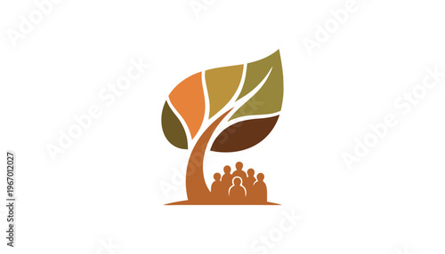 Stylized tree logo with human silhouettes, community growth and environmental sustainability concept, organic leaf shape in earth tones
