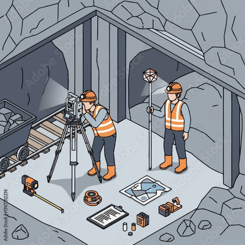 Mine Surveying Team at Work - Isometric Illustration of Mining Engineers.