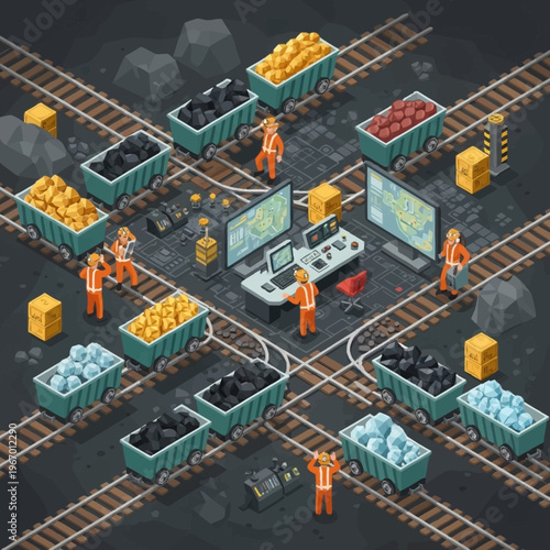 Isometric Coal Mine Operation with Workers and Loaded Carts.