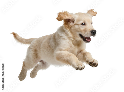 Fotografie Playful golden retriever puppy captured mid-air, energetically leaping with a ha