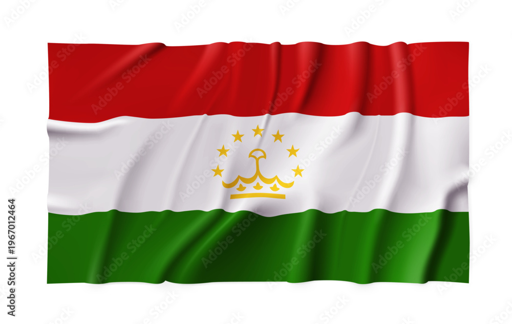 Obraz premium Realistic Tajikistan country flag isolated on a transparent background. Silk atlas detailed fabric flag. Vector PNG