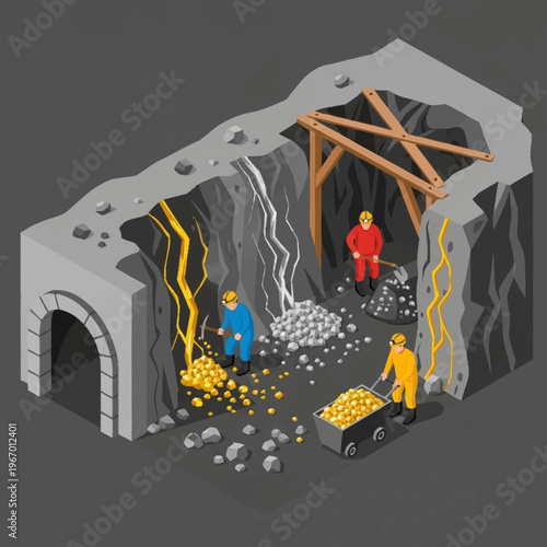 Isometric Illustration of Miners Extracting Gold from a Mine.