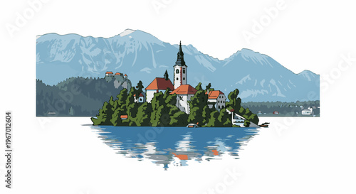 Picturesque island church with a steeple, surrounded by lush trees, reflecting on a calm lake