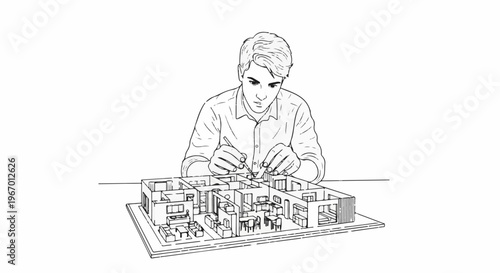 Person working on detailed architectural house model with furniture