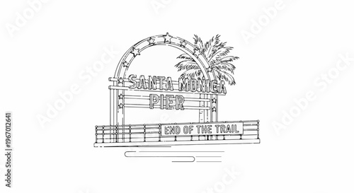 Outline drawing of a pier entrance with palm tree, stars, and text