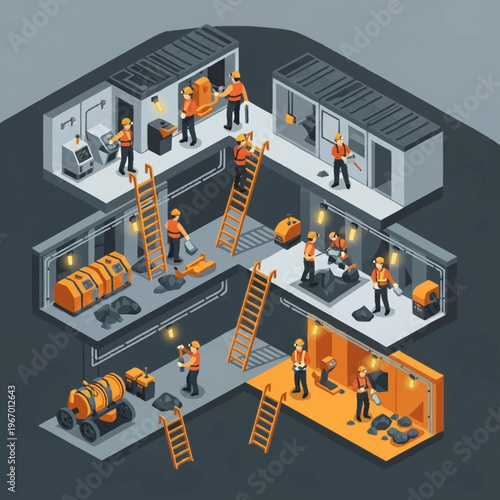 Isometric View of Workers in Modular Construction Site.