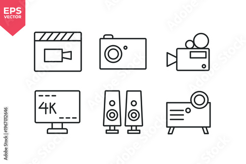 Set of line icons related to projector, speaker, video player, camera, video camera. Editable stroke. Vector illustration