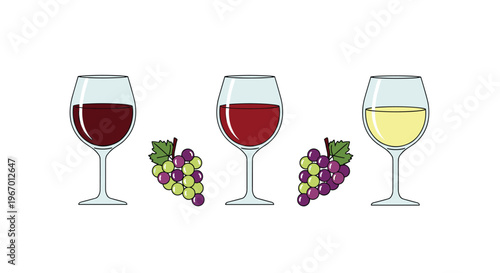 Three wine glasses, two red and one white, are arranged with two small bunches of purple grapes on a clean white background.