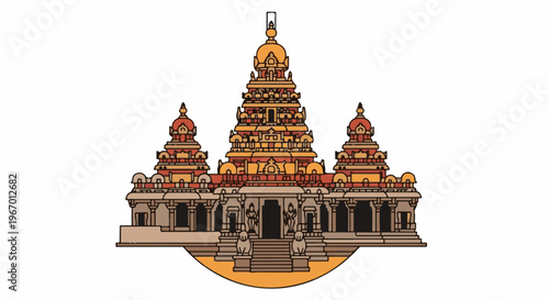 Ornate Indian temple with multiple tiered roofs and statues