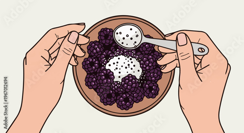 Close-up of hands adding toppings to a bowl of blackberries