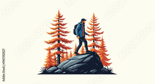 Man hiking on rocky terrain among tall, autumn-colored trees