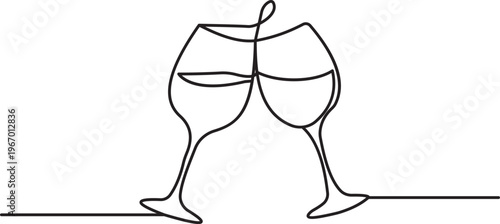 Two wine glasses clinking in celebratory cheers continuous line sketch