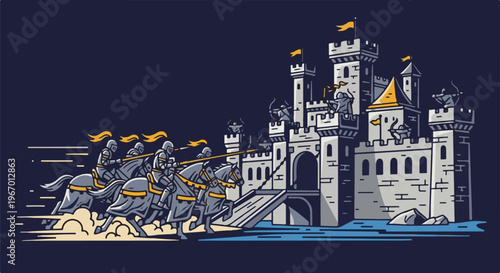 Knights on horseback charge towards a pixelated medieval castle by a blue ocean