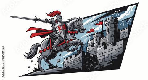 Knight in armor on horseback charges towards a castle during a lightning storm