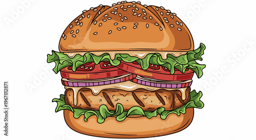 Delicious, layered burger with sesame seed bun, lettuce, tomato, onion, and patty