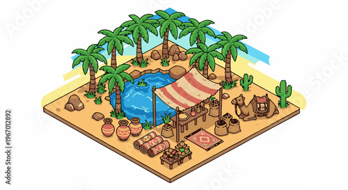 Isometric desert oasis with marketplace, palm trees, camel, water, and wares