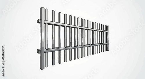 Gray metal fence with vertical bars and horizontal supports on white background