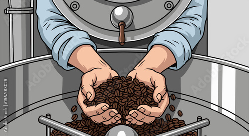 Hands holding roasted coffee beans over a coffee roasting machine