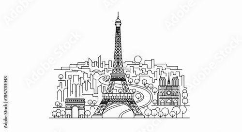 Iconic Paris landmarks, including the Eiffel Tower, Notre Dame, and Arc de Triomphe, in outline