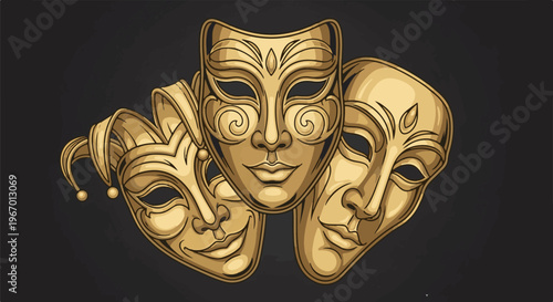 Golden theatrical masks with different expressions on a dark background