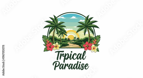 Lush tropical landscape with palm trees, exotic flowers, and a scenic path
