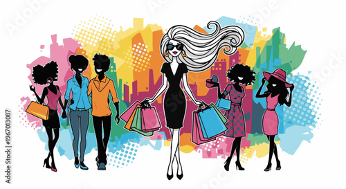 Fashionable people with shopping bags against a colorful abstract city background