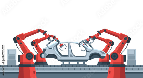 Four red robotic arms are assembling a light grey car chassis on a dark grey conveyor belt against a plain white background.