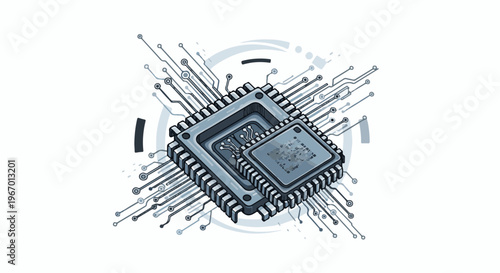 Detailed illustration of integrated circuits with connecting lines and abstract circular elements