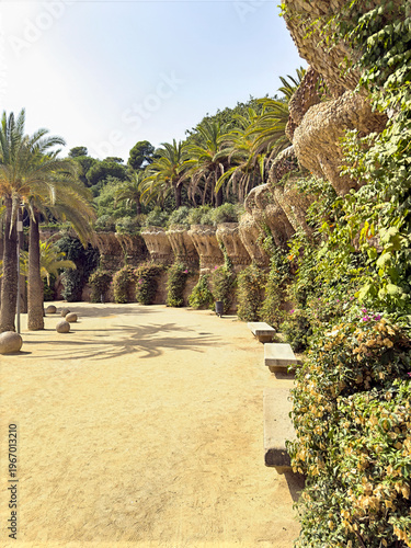 Gaudi's columns at Parc Guell on the outskirts of Barcelona, Spain, Europe