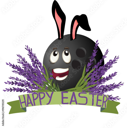 Black bowling ball with bunny ears and cheerful smiling face. Surrounded by purple lavender flowers and green banner with “HAPPY EASTER” text. Playful easter bowling design..