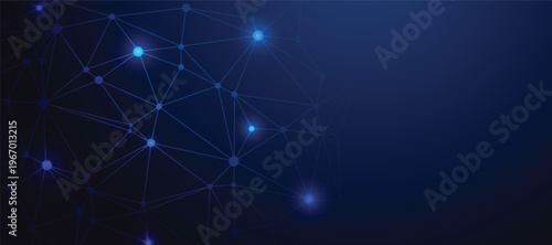 Abstract digital network background with glowing connected nodes and bright lines on a dark blue gradient illustrating data communication, technology flow, and futuristic connectivity.