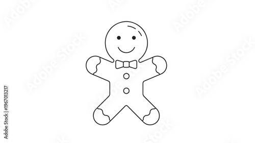 Gingerbread man line art icon with a bow tie and button details, perfect for seasonal baking graphics.