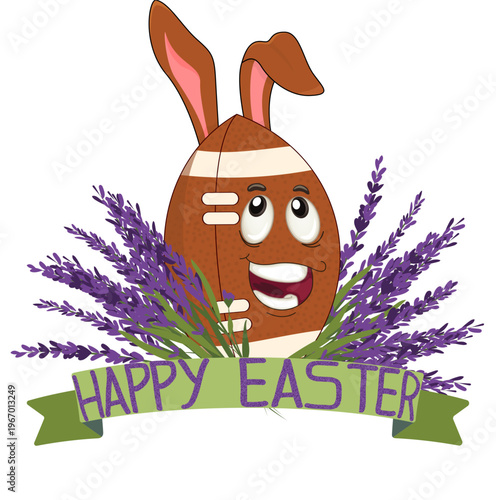 Brown american football with bunny ears and big happy smile. Purple lavender flowers around the ball and green banner with “HAPPY EASTER” text. Cute easter sports and spring design.