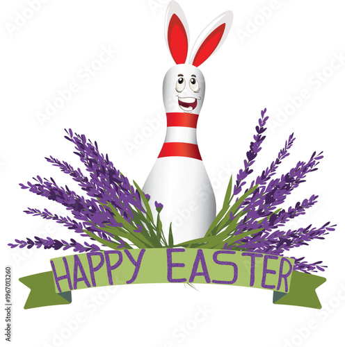 White bowling pin dressed as easter bunny with red ears and happy face. Purple lavender flowers and green banner with “HAPPY EASTER” text. Fun spring bowling and easter theme design.
