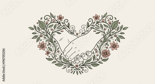 Delicate floral heart embraces two hands in a gentle, loving grip