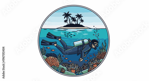 Scuba diver explores vibrant coral reef near tropical island paradise