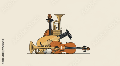 Collection of string and brass musical instruments artfully arranged