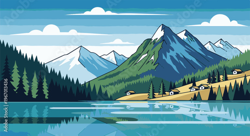 Serene pixel art landscape featuring snow-capped mountains and a tranquil lake