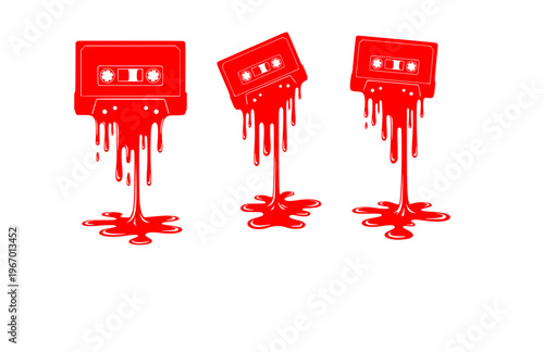 Melting Cassette Tape Music Silhouette Sticker, Surreal Liquid Drip Retro Vector, Modern Lofi Nostalgia Audio Illustration