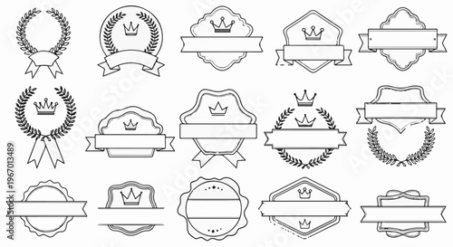 Collection of ornate laurel wreath and shield badges with crowns