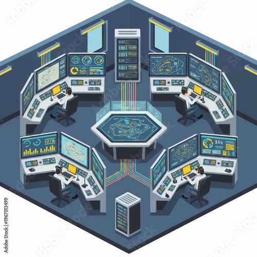 Isometric Control Room with Operators and Monitoring Screens.