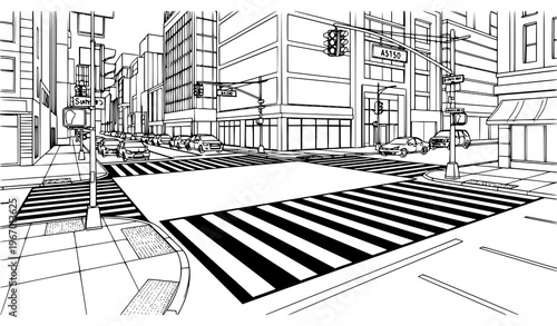 City crosswalk street black and white sketch with zebra crossing traffic lights and urban road vector illustration
