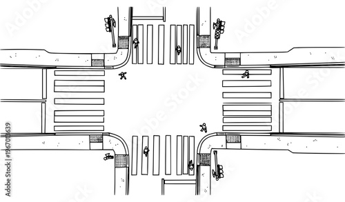 Minimalist pedestrian crosswalk black and white vector with road markings and urban street layout illustration